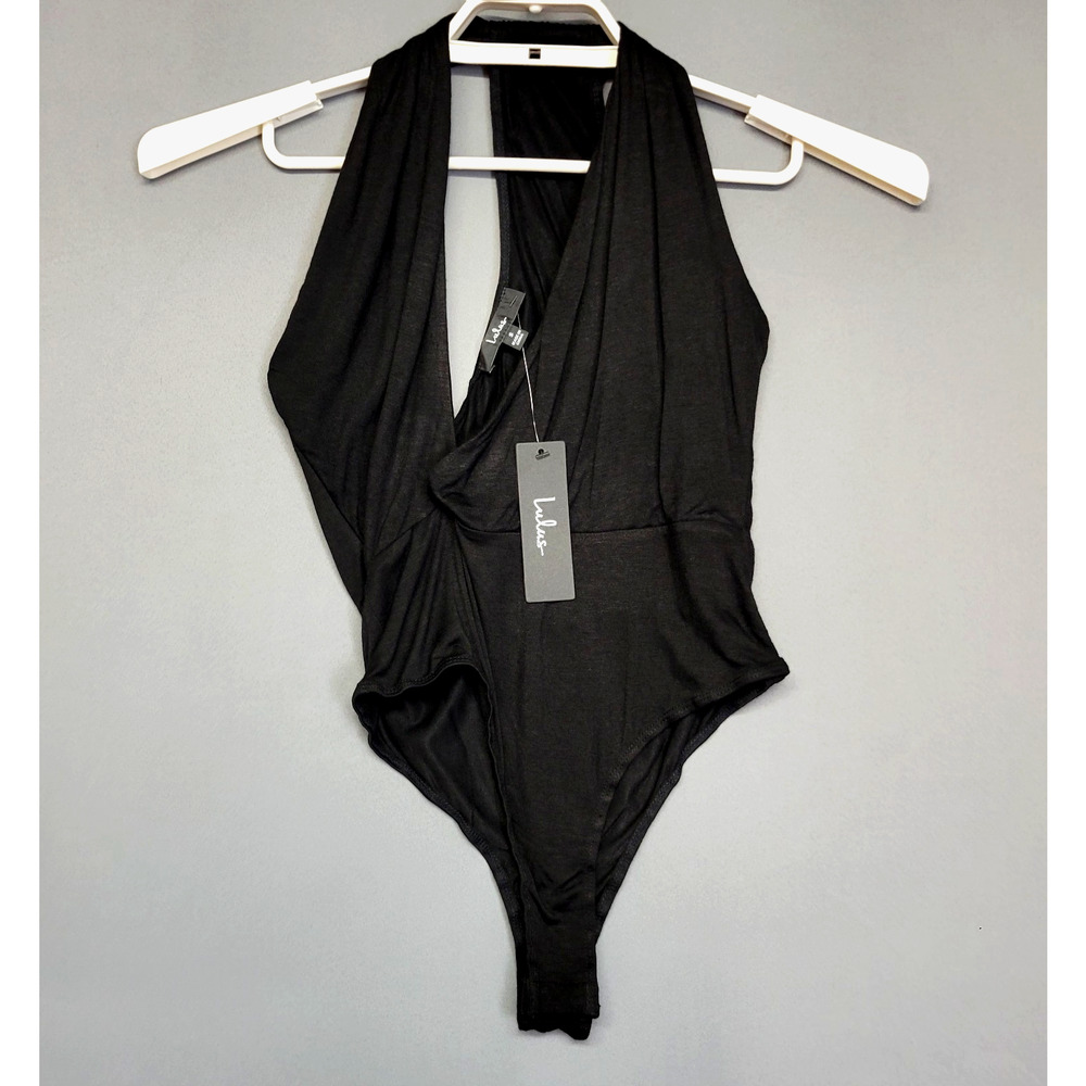 Lulus Bodysuit Plunge Top Womens Small Black Thong Soft Stretches Sleeveless New